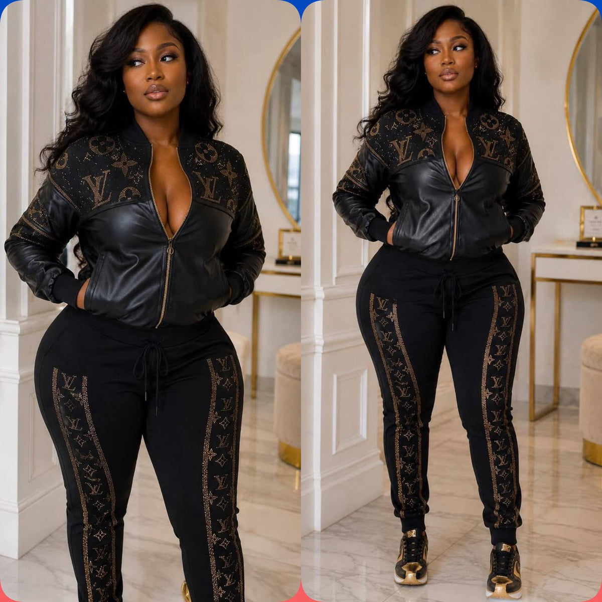 Luxury-Inspired Black Two-Piece Tracksuit